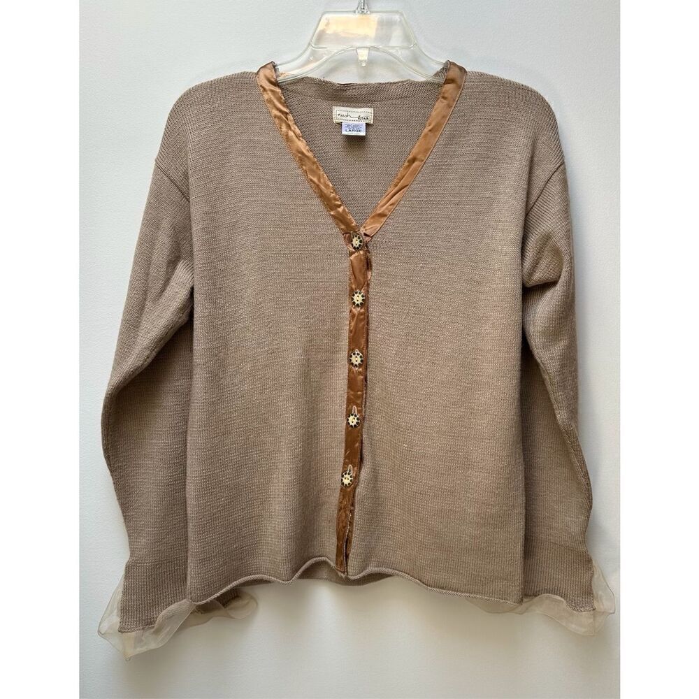 Neesh by DAR women’s tan wool blend button cardigan silk trim size L #45-1385